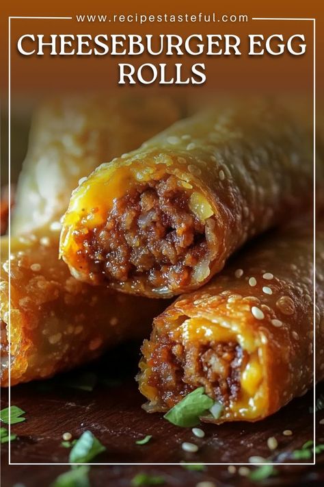 These crispy cheeseburger egg rolls are filled with seasoned ground beef, melted cheddar cheese, and tangy pickles, offering a fun twist on a classic favorite. Perfect as an appetizer, snack, or game-day treat! Cheeseburger Egg Rolls, Seasoned Ground Beef, Hamburger Dishes, Egg Roll Wrappers, Quick Weeknight Meals, Egg Roll, Egg Rolls, Weeknight Meals, Cheeseburger