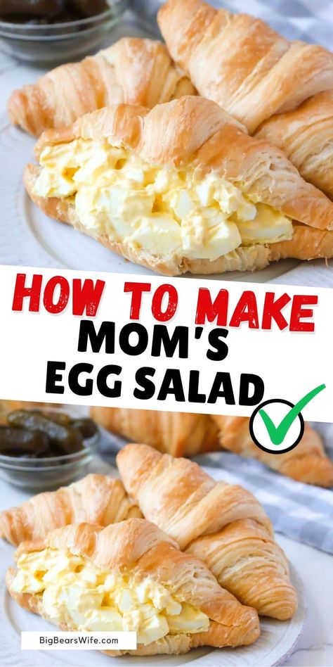 Homemade egg salad made with hard boiled eggs, mayo, mustard, salt and pickle juice! Perfect when served on toast or stuffed into croissants. This is Mom's Egg Salad recipe and we hope you'll love it! via @bigbearswife Egg Salad Recipe Easy, Best Egg Salad Recipe, Avocado Egg Salad, Egg Salad Recipe, Comfort Food Southern, Simple Sandwiches, Pickle Juice, Sweet Pickles, Easy Eggs