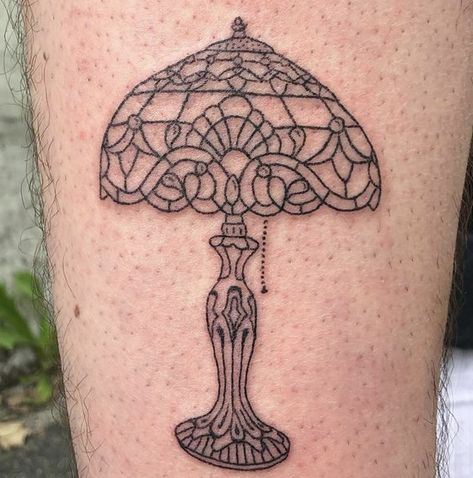 Vintage Item Tattoo, Edgy Filler Tattoos, Kissing Kate Barlow Tattoo, Tattoo Ideas Quirky, Museum Tattoo Ideas, Armchair Tattoo, Tiffany Lamp Tattoo, Vintage Lamp Tattoo, Small Vintage Tattoo