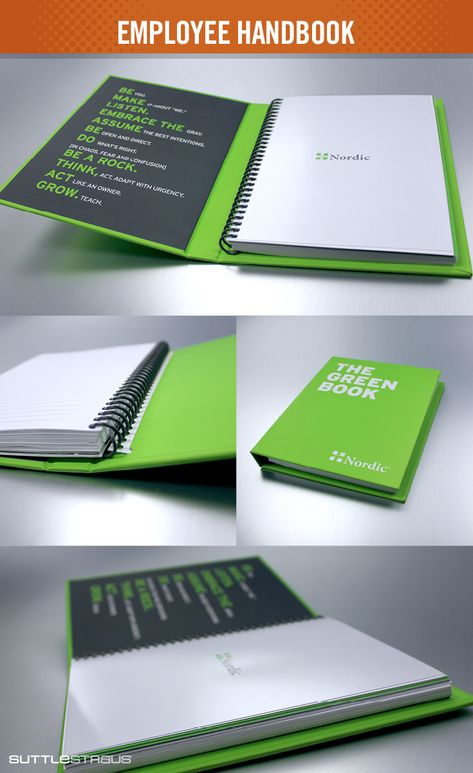 Nordic does employee onboarding right with The Green Book. The hard case's inside cover reminds team members of the company values with each use. The sprial-bound lined notebook inserts are replaceable so it can be used for a lifetime. See more employee onboarding ideas here. Corporate Notebooks, The Green Book, Diary Cover Design, Notebook Mockup, Agenda Book, Promo Flyer, Diary Design, Employee Onboarding, Branded Notebooks