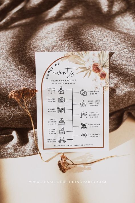 Order Of Events Wedding, Wedding Order Of Events, Wedding Itinerary Template, Timeline Wedding, Order Of Events, Wedding Schedule, Terracotta Wedding, Wedding Itinerary, Event Card