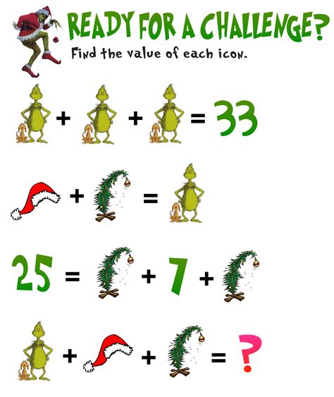 Grinch Math, Christmas Math Games, Simultaneous Equations, Christmas Math Worksheets, Christmas Math Activities, Holiday Math, Math Riddles, Math Puzzles, Christmas Worksheets