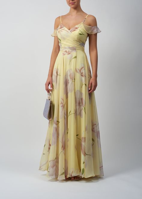 Stunning yellow floral print dress perfect for a bridesmaid dress or wedding guest dress. We love the flowy effect from the chiffon material and the tieback detail! Floral print Chiffon Material Tie Back detail Zip fastening Bardot sleeves Floral Yellow Dress, Yellow Floral Print Dress, Flowy Floral Dress, Yellow Floral Dress, Chiffon Floral, Floral Print Chiffon, Floral Embroidered Dress, Lemon Print, Chiffon Material