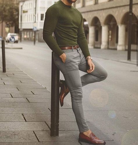 25 Best January Outfits for Men 2019 - New Ideas Gray And Green Mens Outfit, Gray Dress Pants Men, Semi Formal Men Outfit Grey Pants, Olive Sweater Outfit, Olive Green Sweater Outfit, Turtleneck Outfit Men, Green Sweater Outfit, Grey Pants Outfit, Grey Pants Men