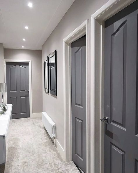 𝑀𝒾𝒸𝒽𝑒𝓁𝓁𝑒 𝒱𝒶𝓁𝑒𝓃𝓉𝒾𝓃𝑒 on Instagram: “Changing up your internal door colours can really make an impact. We sanded primed and painted ours Moles Breath grey by @farrowandball and…” Gray Interior Doors With White Trim, Gray Inside Doors, External House Paint Colors, Paint Doors White, Interior Door Colors Ideas, Interior Door Paint Colors, Door Color Ideas, Gray Interior Doors, Grey Internal Doors