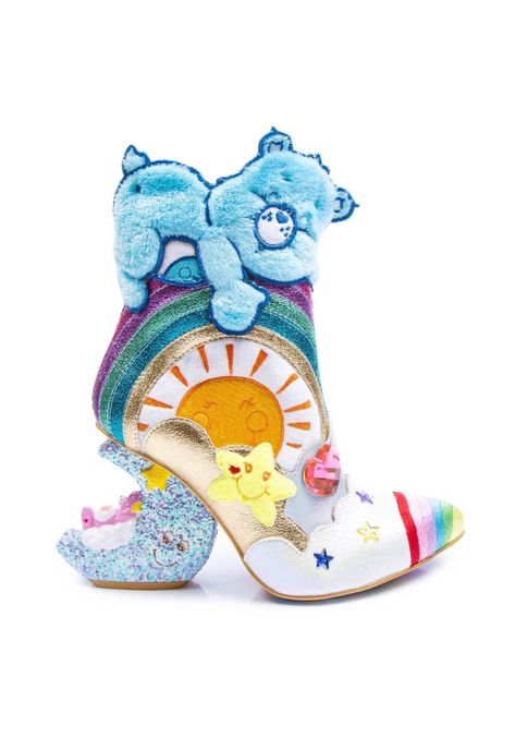 These Shoes Are So Quirky, They Come With A Care Bear Sleeping In The Heel Bear Boots, Irregular Choice Heels, Bedtime Bear, Embroidered Sun, Cheer Bear, Very Sleepy, Irregular Choice Shoes, Glitter Rainbow, Bear Character