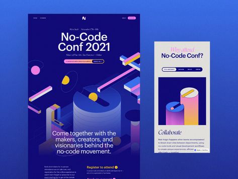 No-Code Conf 2021 - Website by Corey Moen for Webflow on Dribbble Conference Landing Page, Coding Graphic Design, Code Graphic Design, Coding Poster, Conference Poster Design, Summit Design, Conference Banner, Design Conference, Best Landing Page Design