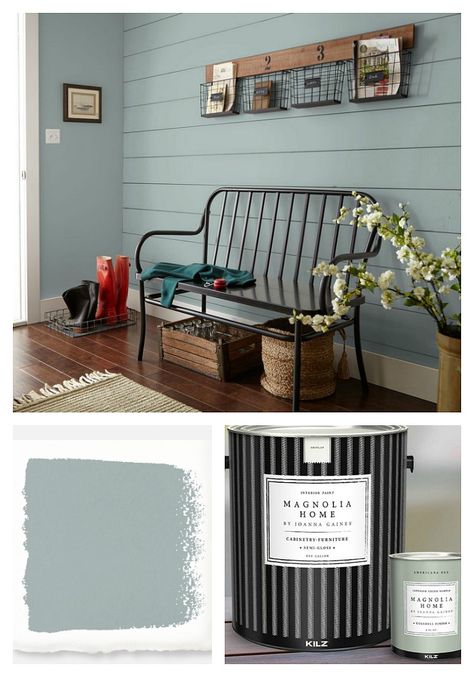 Magnolia Home paint color Rainy Days Magnolia Homes Blue Paint Colors, Popular Bathroom Colors, Joanna Gaines Paint Colors, Magnolia Homes Paint, Joanna Gaines Paint, Paint House, Interior Paint Colors Schemes, Farmhouse Paint Colors, Farmhouse Paint