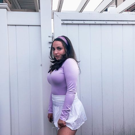 Pastel purple body suit White tennis skirt Purple headband hairstyle Spring outfit Fitted Casual Purple Tennis Skirt, Purple White Cardigan, Purple Body Suit, Spring Lavender Mini Skirt, Lavender Crochet Cardigan, Kawaii Purple Cardigan, Purple Headband, White Tennis Skirt, Suit White