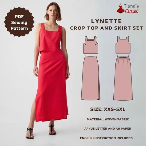 Lynette Crop Top and Skirt Set PDF Sewing Pattern Simple Sleepwear Pattern Beginner Friendly Sewing Pattern Tiana's Closet Patterns - Etsy Canada Sleepwear Pattern, Crop Top And Skirt Set, Crop Top And Skirt, Patterned Crop Top, Top And Skirt Set, Midi Flare Skirt, Pattern Simple, Diy Sewing Clothes, Clothes Sewing Patterns