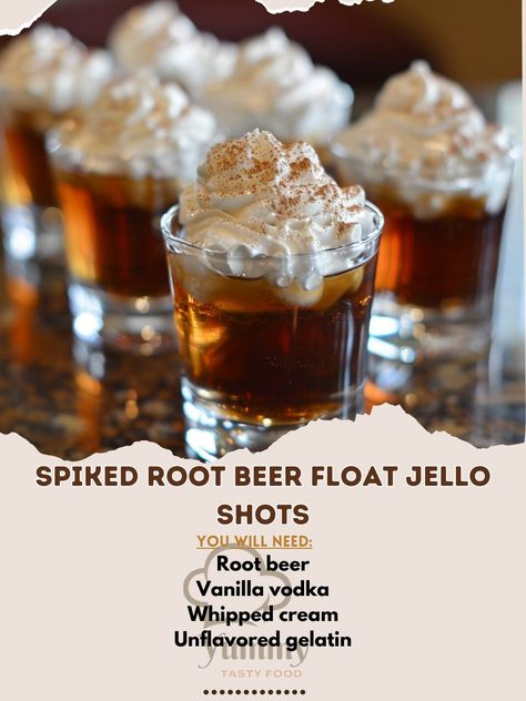 🍺🍦 Spice up your dessert game with Spiked Root Beer Float Jello Shots! Sweetly intoxicating. #RootBeerRush Spiked Root Beer Float Jello Shots Ingredients: Root beer (1 cup) Vanilla vodka (1/2 cup) Whipped cream (for topping) Unflavored gelatin (1 packet) Instructions: Heat root beer to near boiling, then remove from heat. Sprinkle gelatin over root beer, stir until dissolved. Stir in vanilla vodka, pour into shot glasses, chill until set. Top with whipped cream before serving. 🎈🍨 Reimagine ... Shot Glass Desserts Recipes, Jello Shots Vodka, Shot Glass Desserts, Beer Shot, Whipped Cream Vodka, Jello Shot, Birthday Cocktails, Beer Float, Drink Mixes