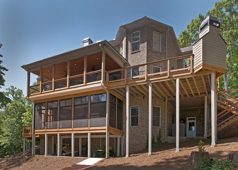 3 level open porch with fireplace, Eze-Breeze porch and patio. Designed and built by Atlanta Decking. 3 Story Deck, 2nd Story Deck, Eze Breeze, Pergola Patio Ideas Diy, Porch With Fireplace, Porch Fence, Decking Fence, Open Porch, Second Story Deck