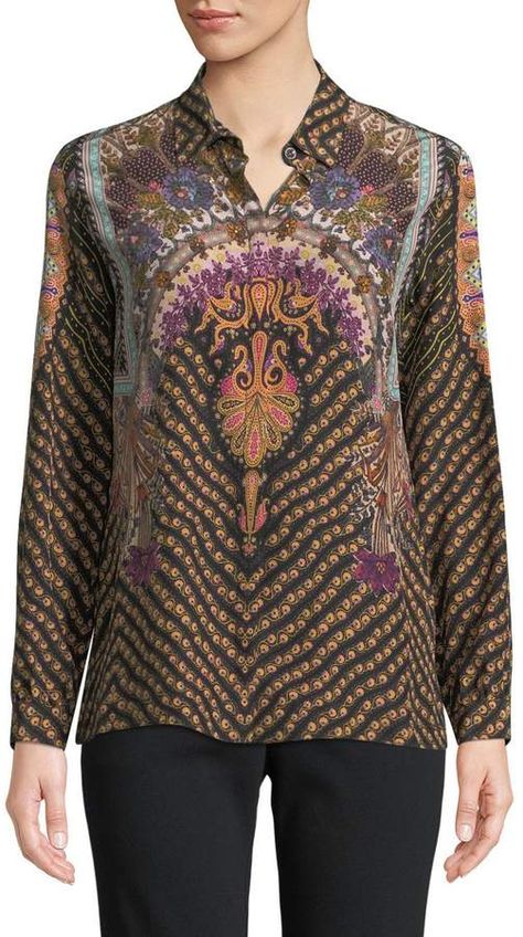 Etro Long-Sleeve Allover Paisley-Print Silk Blouse Blouse Collar, Placement Print, Printed Silk Blouses, Deco Pattern, Luxury Printing, Eid Ul Adha, Indian Prints, Art Deco Pattern, Satin Top