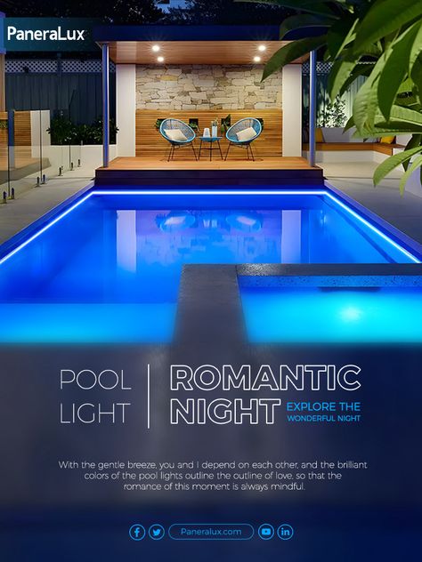 Explore a beautiful night and let pool lights lead your journey of happiness. https://www.paneralux.com/products/t1512-top-bend-15-12mm-ip68-flex-neon-strip-illuminated-on-three-sides/ #underwaterpoollights #poollight #ledstriplight #swimmingpoollight #lighting #IP68 #pooledgelights #poolcopinglights #Romanticpool Lights For Pool, Traditional Pool, Led Pool, Led Pool Lighting, Colored Lights, Pool Lights, Pool Coping, Pool Light, Beautiful Night