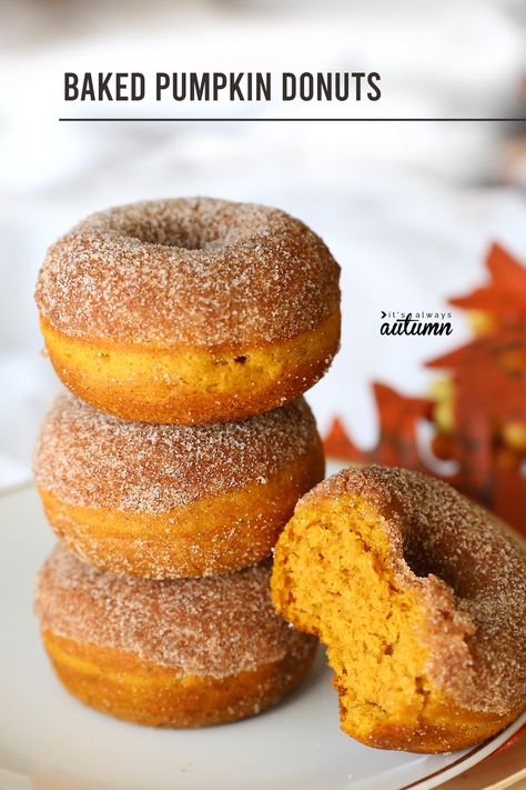 Baked pumpkin spice donuts are the perfect fall treat! #pumpkindonuts Pumpkin Donut Recipes Baked, Pumpkin Donuts With Spice Cake, Pumpkin Donut Cake Mix Recipes, Baking Pumpkin Recipes, Pumpkin Spice Cake Donut Recipe, Pumpkin Cake Donuts Baked, Freezer Friendly Fall Desserts, East Fall Dinner, Pumpkin Donut Cake