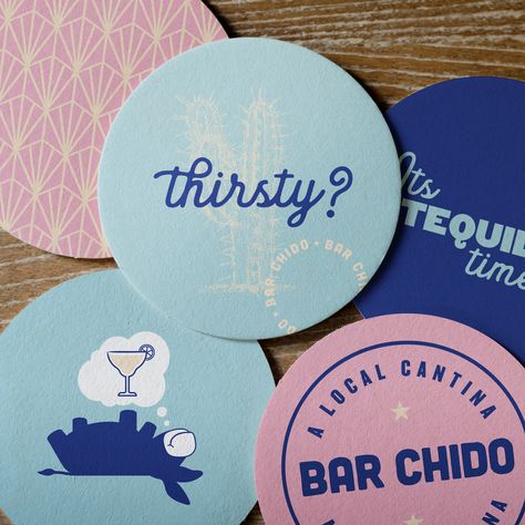 Bar Chido restaurant branding by EightySeven - Grits & Grids Modern Mexican Restaurant, Cartoon Donkey, Mexican Restaurant Design, Branded Coasters, Restaurant Identity, Modern Mexican, Restaurant Concept, Visual Identity Design, Restaurant Branding