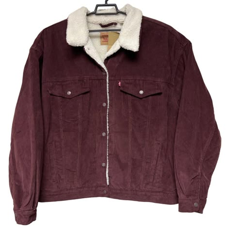 Features: Sherpa Lined Button Closure Pockets Corduroy Maroon Color Fall, Winter Solid Machine Wash 5718 Size: Womens 3x Condition: New With Tags 70s Fall Fashion, Vintage Jackets Women, Sick Fits, Fur Lined Denim Jacket, Womens Levi Jeans, Trucker Jacket Women, Corduroy Sherpa Jacket, Gilmore Girls Fashion, Levi Jean Jacket