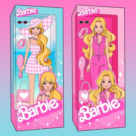 Hi Barbie! 🩷🩵 What was your favorite Barbie design growing up? These Barbie box designs are by @mermaidmichelle I can't wait to make some… | Instagram Barbie Box Drawing, Barbie Doll Illustration, Barbie Doll Packaging, Doll Box Design, Barbie Packaging Design, Barbie Packaging, Barbie Artwork, Barbie Doll Box, Barbie Illustration