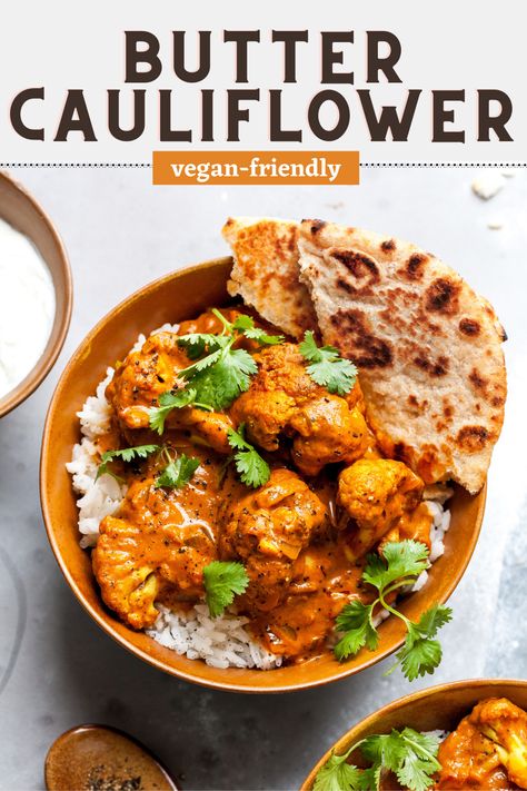 This Butter Cauliflower Recipe is a vegetarian riff on the classic Indian dish, Butter Chicken. Hearty and vegan-friendly, it's the ultimate veg dish. #cauliflowerrecipes #cauliflowerrecipesvegan #veganrecipes #vegetarianrecipes #dinnerideas via @https://www.pinterest.com/jamievespa/ Challenging Recipes, Butter Cauliflower, Vegan Butter Chicken, Dishing Out Health, Cauliflower Recipes Healthy, Veggie Mains, Vegetarian Bowls, Serve Over Rice, Veggie Recipe