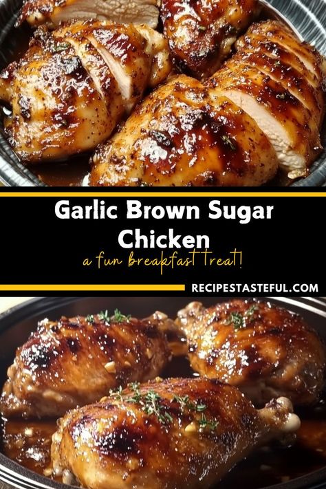 This Garlic Brown Sugar Chicken is a quick and delicious dish that combines tender chicken breasts with a savory-sweet garlic and brown sugar sauce. It's easy to prepare and perfect for busy weeknight dinners or meal prep. Pair it with rice and a veggie salad for a complete meal! Baked Garlic Brown Sugar Chicken, Slow Cooker Brown Sugar Garlic Chicken, Garlic Brown Sugar Chicken Thighs, Brown Sugar Garlic Chicken Crockpot, Chicken Breast Tenders Recipe, 2 Chicken Breast Recipes, Chicken Breast For Salad, Baked Brown Sugar Chicken, Boneless Skinless Chicken Breast Recipes Baked