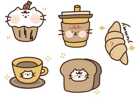 How To Draw Coffee Beans, Chibi Drinking Coffee, Cat Cafe Drawing, Coffee Doodle, Small Doodle, Bear Paintings, Coffee Drawing, Doodle Icon, Cute Food Art