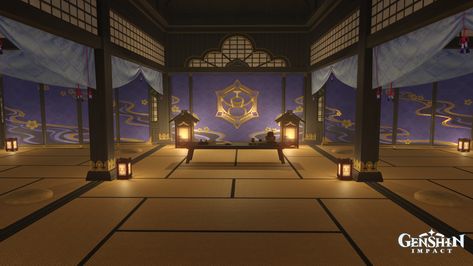 Inside Japanese Temple, Japanese Castle Interior, Kamisato Estate, Lotus Pier, Japanese Dojo, Medieval Japan, Japan Temple, Japanese Style House, Japanese Castle