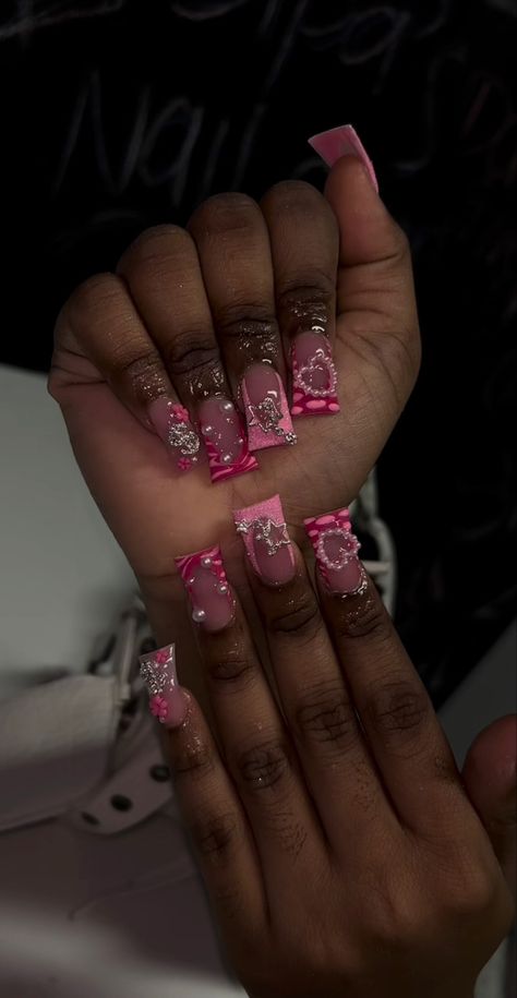 Nails Acrylic For Black Women, Nail Manifestation, Nails With Initials Acrylic, Pink Nail Sets, Pink Cheetah Nails, Pink Acrylic Nail Designs, Black Acrylic Nails, Hard Nails, Nails Now