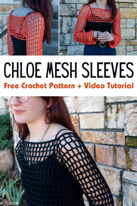 These mesh, sleeves-only style tops have been all over lately. Make your own using this FREE crochet pattern + VIDEO tutorial! Crochet Mesh Sleeve Top, Crochet Mesh Crop Sweater Pattern, Crochet Fishnet Shrug Pattern Free, Crochet Net Top Pattern, Free Crochet Sleeves Pattern, Crochet Mesh Shrug Pattern, Easy Crochet Mesh Top, Crochet Mesh Sleeves Pattern Free, Free Crochet Crop Top Pattern