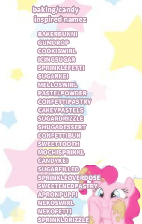 Cute Roblox Group Names, Free Username Ideas, Kawaii Usernames Ideas, Online Names Ideas, Baking Username Ideas, Kawaii Names Ideas, Kidcore Usernames, Cutegore Usernames, Candy Names Ideas