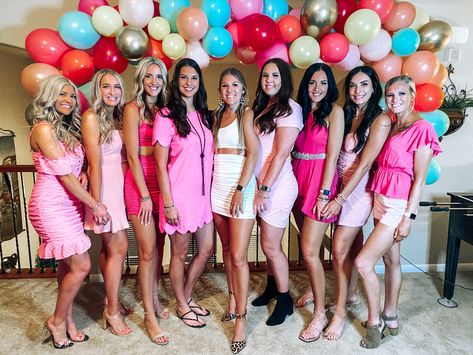 Pink bacheloretty party outfits for bridesmaids. Bachelorette Pink Theme Outfits, Bride In White Bridesmaids In Pink Bachelorette, Bacherlotte Party Outfit, Pink And Orange Bachelorette Party Outfit, Pink Hens Party Outfits, Pink Hen Do Outfit, Pink Outfit Bachelorette Party, Last Splash Bachelorette Party Outfits, Pink And White Bachelorette Outfits