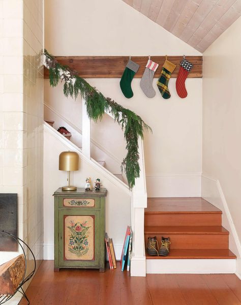 Holiday How-To: Stocking Styling Without A Mantel – Schoolhouse Stocking Styling, Hanging Stockings Without A Fireplace, Stockings Without A Fireplace, Christmas Interiors, Festive Holiday Decor, Hanging Stockings, Christmas Mantle, Art Tree, Hand Knitted Sweaters