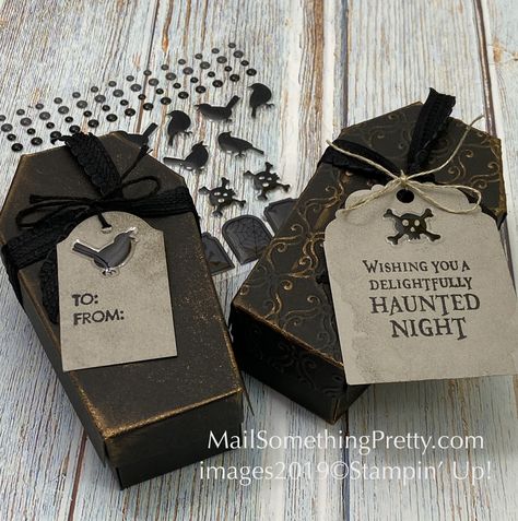 Coffin Treat Boxes, Mini Coffin Box Ideas, Coffin Box Template Free, Stampin Up Coffin Treat Boxes, Coffin Box Design, Coffin Treats, Tombstone Treat Boxes Stampin' Up, Etsy Packaging, Coffin Box