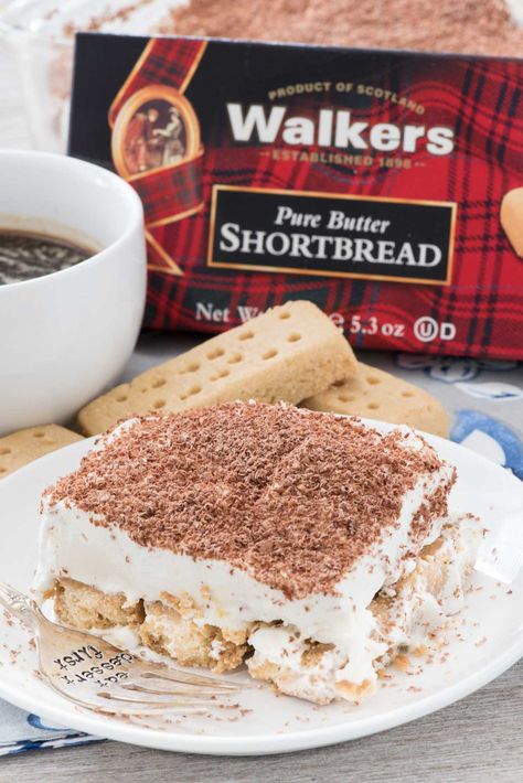 No Bake Shortbread Tiramisu Dessert - this easy no bake dessert recipe uses Walkers shortbread cookies as the base of the tiramisu! No Bake Tiramisu Recipe, No Bake Tiramisu, Shortbread Desserts, Walkers Shortbread Cookies, Shortbread Cake, Mascarpone Filling, Mascarpone Dessert, Walkers Shortbread, Crazy For Crust