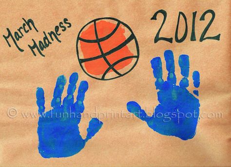 Handprint Basketball - March Madness Craft - Fun Handprint Art March Madness Crafts, Sport Themed Crafts, Basketball Crafts, Daycare Art, March Crafts, Football Crafts, Footprint Crafts, Sport Craft, Vbs Crafts