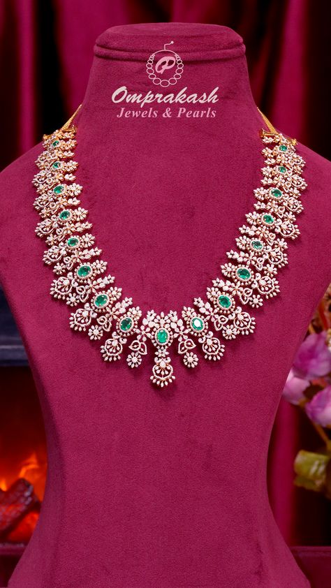 Exquisite craftsmanship meets timeless elegance: a stunning Diamond Haaram cum Vaddanam adorned with a radiant emeralds, a true testament to luxurious beauty.  #diamond #vaddanam #emerald #necklace #diamondjewellery #gemstones #southindianjewellery #southjewellers #bridaljewellery #bridaljewelry #ethnicjewellery #heritagejewellery #916kdmjewellery #bridesofinstagram #bridesofhyderabad #bridesofindia #bridesoftelugu #kundannecklace #bridaljewellery #southbrides Diamond Haaram Designs, Haram Cum Vaddanam Designs Gold, Diamond Haram Design, Diamond Vaddanam Design, Diamond Haram Indian, Diamond Haaram, Telugu Jewellery, Diamond Vaddanam, Diamond Haram