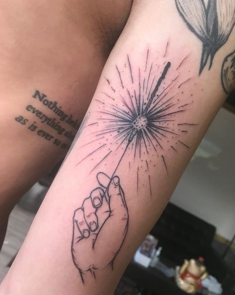 Awesome linework sparkler tattoo on the arm Sparkler Tattoos, Sparkler Drawing, Sparks Tattoo, Spark Tattoo, Firework Tattoo, Paramore Tattoo, Timeless Tattoo, Elements Tattoo, Most Popular Tattoos