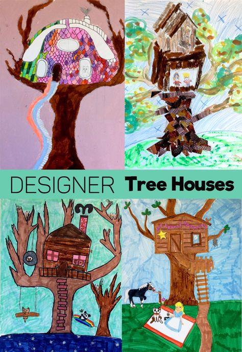 Tree House Drawings2 Treehouse Art, Tree House Drawing, Elementary Art Lesson Plans, House Drawings, Art Sub Lessons, Art Sub Plans, Houses Art, Art Education Projects, Fall Art Projects