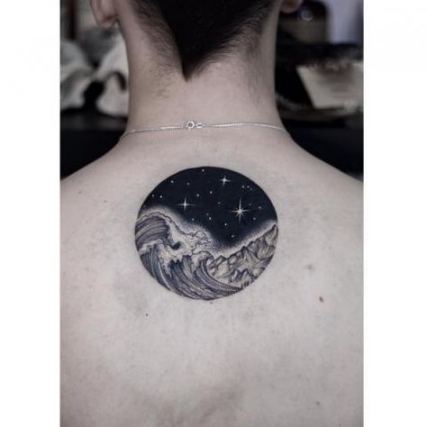 Ocean tattoos Night Sky Tattoos, Sky Tattoo, Sky Tattoos, Night Tattoo, Landscape Tattoo, Cool Tattoos For Guys, Small Wrist Tattoos, Waves Tattoo, Tattoo Life