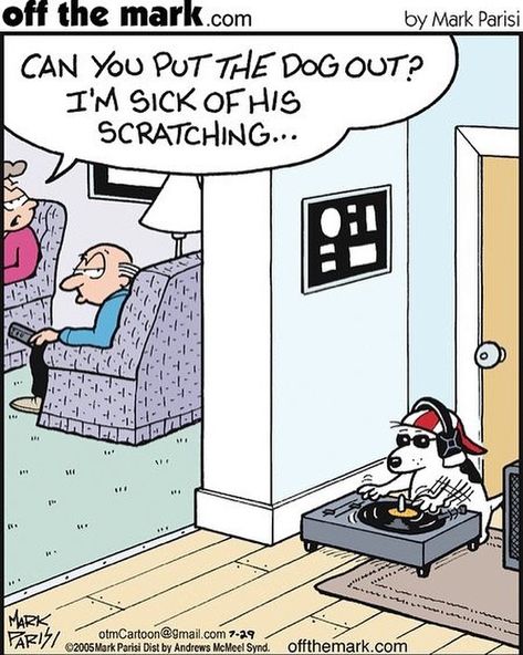 Mark Parisi sur Instagram : Woof woof wiki wiki wiki... . . . #dogs #dogsofinstagram #dj #scratch #pets #music #cartoon#comic #woof #humor #offthemark #offthemarkcomic… Mark Parisi, Off The Mark, Guitar Boy, Blue Envelopes, Birthday Card Design, Im Sick, Funny Birthday Cards, Recycled Paper, Turntable