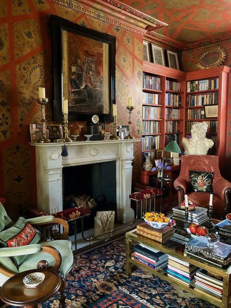 Books In Fireplace, English Manor Interior, Magical Home Decor, Victorian Bohemian Decor, Book Rooms, Maximalist Interior, Book Room, Study Room Decor, Aesthetic Movement