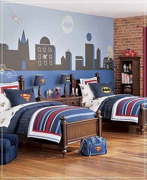 10 Ideas For A Comic Book-Themed Kid's Room Batman Bedroom, Batman Room, Superhero Bedroom, Themed Kids Room, Kids Room Murals, Superhero Room, Boy Bedroom Design, Boys Bedroom Decor, Boy Bedroom