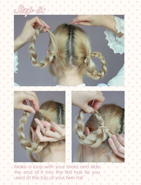 Deer Alice: Hairstyle tutorial : Braided loops Kirari Hairstyle Tutorial, Braided Loops Hairstyle, Kirari Hairstyle, Lolíta Hairstyle, Alice Hairstyle, Twintails Hairstyle, Long Hairstyle, Pony Club, Kawaii Hairstyles