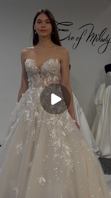 Bridal Reflections on Instagram: "Our brides have been loving @eveofmilady style 4418’s unique lace! 🤍  This stunning A-line ball gown features hand-beaded crystal leaves on the bodice and matching all -over leaf pattern on the skirt to create a stunning effect. enhanced by the sequin underlay. High-quality materials ensure the dress looks and feels amazing. With a chapel train providing the finishing touch of grace and sophistication.  #EveOfMilady is joining us for one more weekend with their newest collection available only for a limited time! NOW - the 11th. Call the salon directly to make an appointment ✨  #BridalReflections #eveofmiladytrunkshow #trunkshow #bridaltrunkshow #trunkshownyc #nycbride #newyorkbride #manhattanbride #luxurybride #couturebride #luxuryweddingdress #couturewe Eve Of Milady, Bridal Reflections, New York Bride, Luxury Brides, Chapel Train, Luxury Wedding Dress, Hand Beading, Leaf Pattern, Crystal Beads