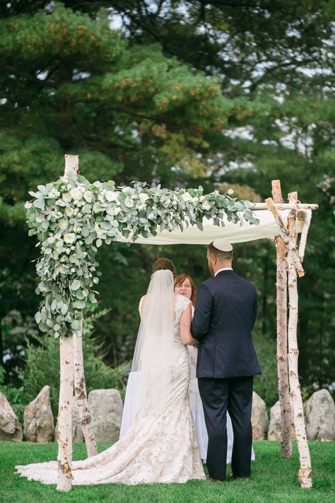 Massive amounts of eucalyptus make for a gorgeous statement on a chuppah, created by Karla Cassidy Designs www.karlacassidydesigns.com Image provide by We are the Mitchells Simple Huppah, Huppah Wedding, Birch Chuppah, Chuppah Flowers, Chuppah Ideas, Flower Arrangement For Church, Wedding Chuppah, Wedding Arbors, Forest Theme Wedding