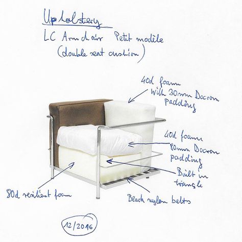 Learn how Le Corbusier's LC2 armchair was built! This is the design construction of it, featuring different types of padding and foam. Notice the slight angle of the seat. #furnituredesign #industrialdesign Le Corbusier Chair, Corbusier Chair, Interior Design Tips, Living Design, Art Show, Sofa Chair, Chair Design, Industrial Design, Different Types