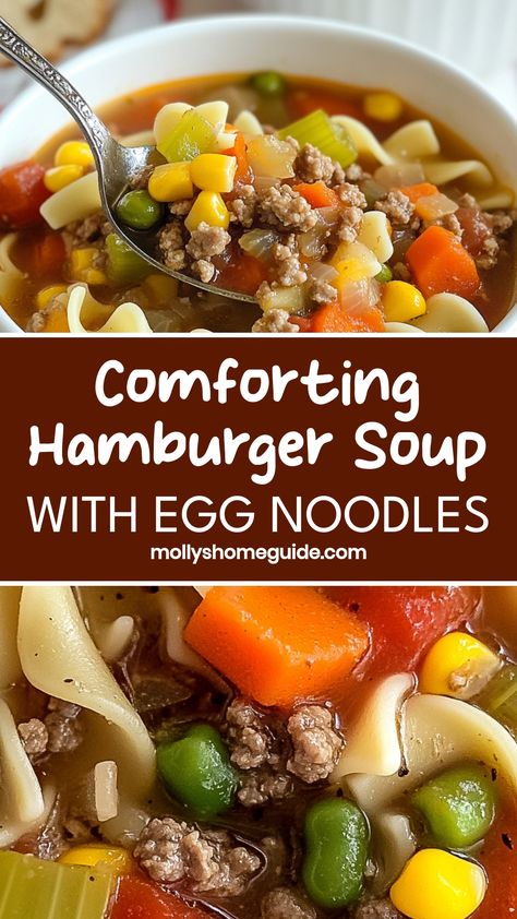 Satisfy your comfort food cravings with a warm bowl of hearty hamburger soup with egg noodles. This delicious and soul-warming dish is perfect for a cozy family dinner or busy weeknight meal. Packed with savory ground beef, tender vegetables, flavorful broth, and satisfying egg noodles, this soup is sure to become a go-to favorite in your recipe rotation. Easy to prepare and customizable with your favorite seasonings, it's a versatile dish that everyone will love. Beef Soup With Egg Noodles, Hamburger Vegetable Soup With Noodles, Soups With Egg Noodles, Hamburger And Noodle Soup, Ground Beef With Eggs, Hamburger Noodle Soup Recipe, Hamburger Noodle Soup Ground Beef, Hamburger Egg Noodle Recipes, Hamburger Soup With Noodles