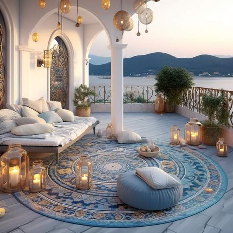 Greek Luxury Villas, Moroccan House Exterior, Mediterran Interior, Greece Room, Moroccan House, Moderne Have, Dream House Rooms, Balcony Design, Luxury Homes Dream Houses