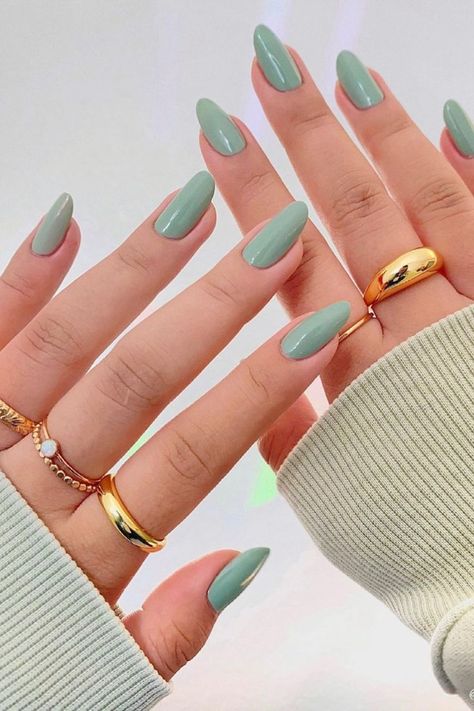 Nails Green Inspiration, Sage Blue Nails, Solid Acrylic Nails Colors, Almond Nails Dip Powder, Sage Color Nails, Sage Green Nails Almond, Light Sage Green Nails, Sage Green Nails Acrylic, Opaque Nails