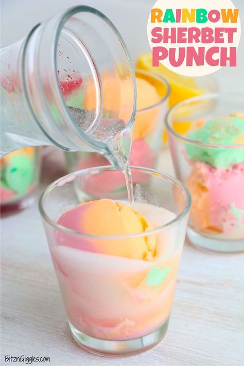 Rainbow Sherbet Punch - A 2-ingredient colorful and delicious punch perfect for parties, holidays and celebrations! #bitzngiggles #sherbet #punch #holiday #party #recipe Rainbow Sherbet Punch, Luau Punch, Ice Recipes, Lila Party, Hippie Birthday Party, Sherbet Punch, Hippie Birthday, Rainbow Sherbet, Crafts Easter