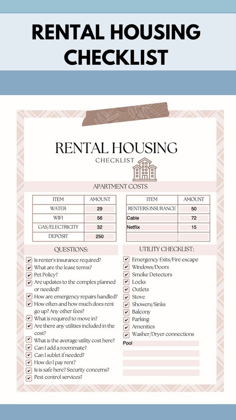 Do you have a problem with apartment or rental house hunting and remembering all the details about each location? Make apartment hunting a breeze with our comprehensive editable Apartment Hunting Checklist! This beautifully designed fillable rental housing checklist covers all the crucial aspects of finding a new home, including being able to note the costs and what questions you should ask your rental agency. Our rental property checklist even has plenty of room for you to add other details. First Rental Home Checklist, Landlord Tips Rental Property House, Landlord Checklist Rental Property, How To Start Rental Properties, Apartment Hunting Questions, Checklist First Apartment, Apartment Hunting Checklist, Rental Checklist, Apartment Manifestation